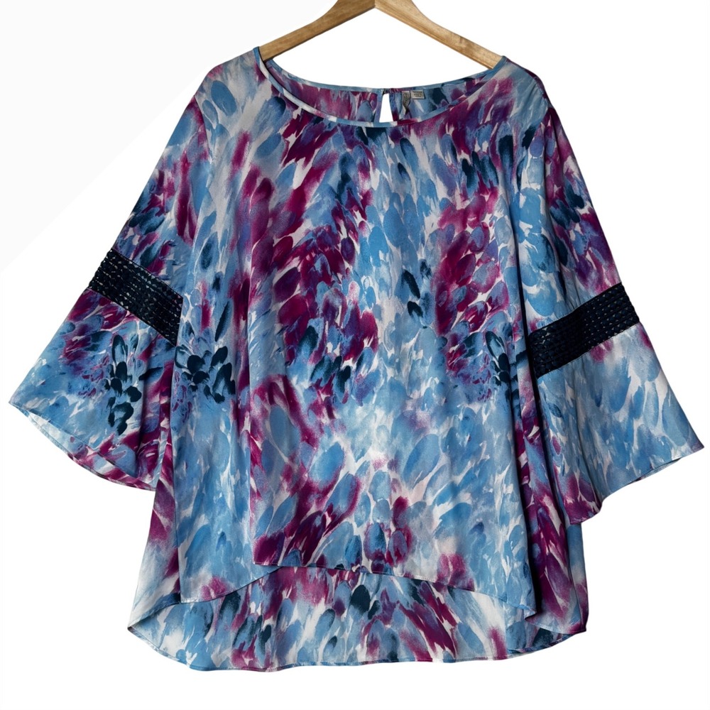 Plus Size‎ Womens 18W Blue Purple Abstract Boho Blouse Bell Sleeve Top